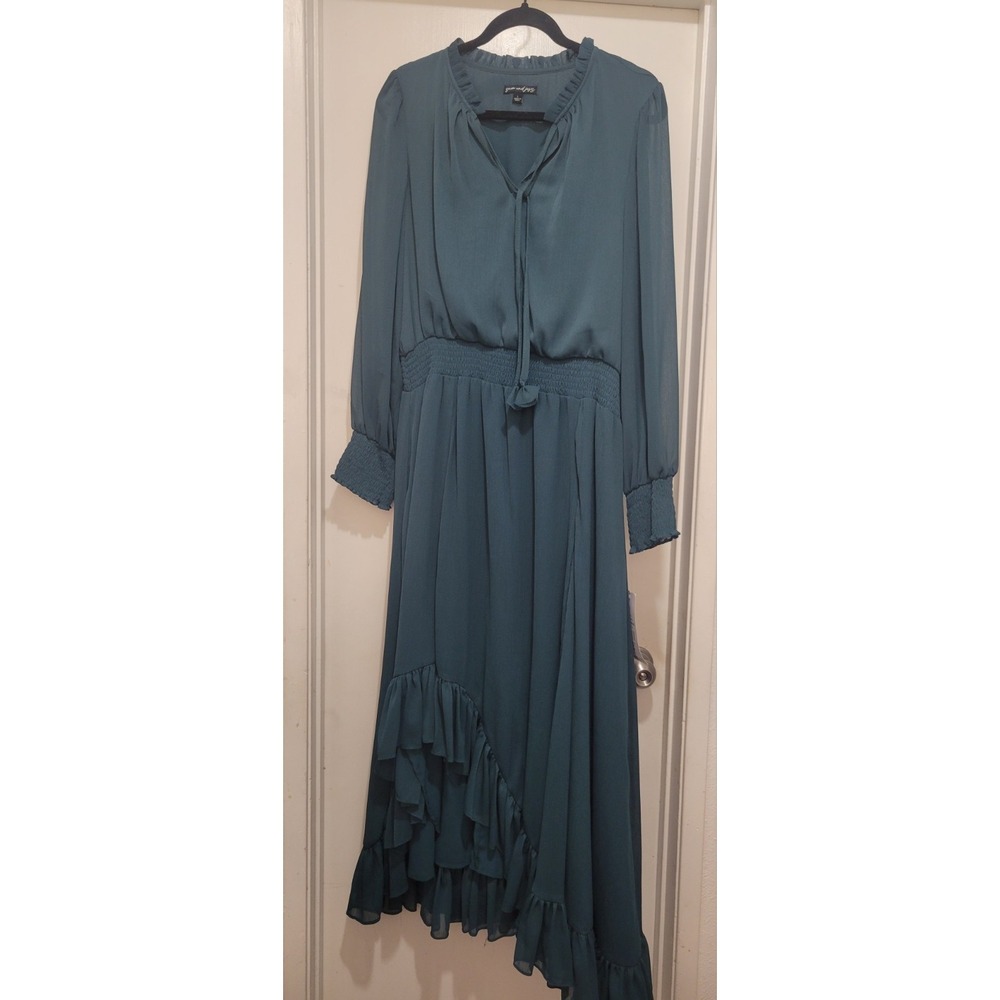 Women Long Sleeve Teal Chiffon Cottagecore Smocked Waist Asymmetric Ruffle Hem L